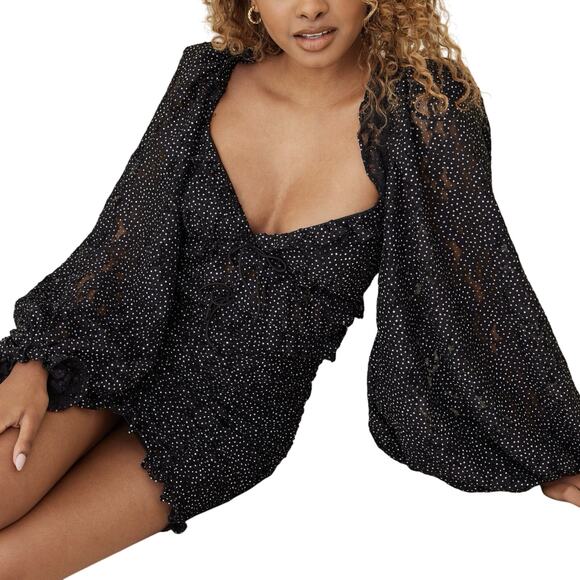 For Love & Lemons Size Small Leila Mini Dress Long Balloon Sleeves Ruffle Lace - Picture 1 of 9